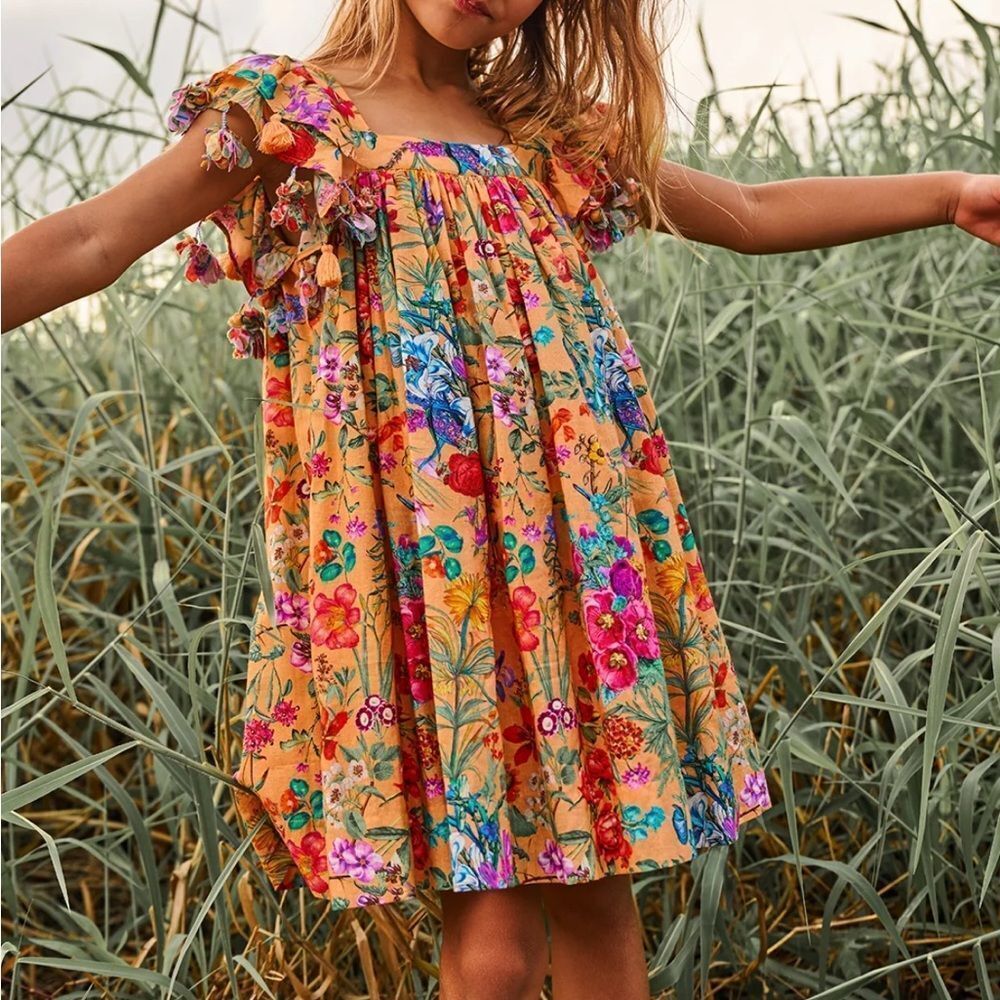 Vibrant Floral Kids Dress with Ruffle Sleeves